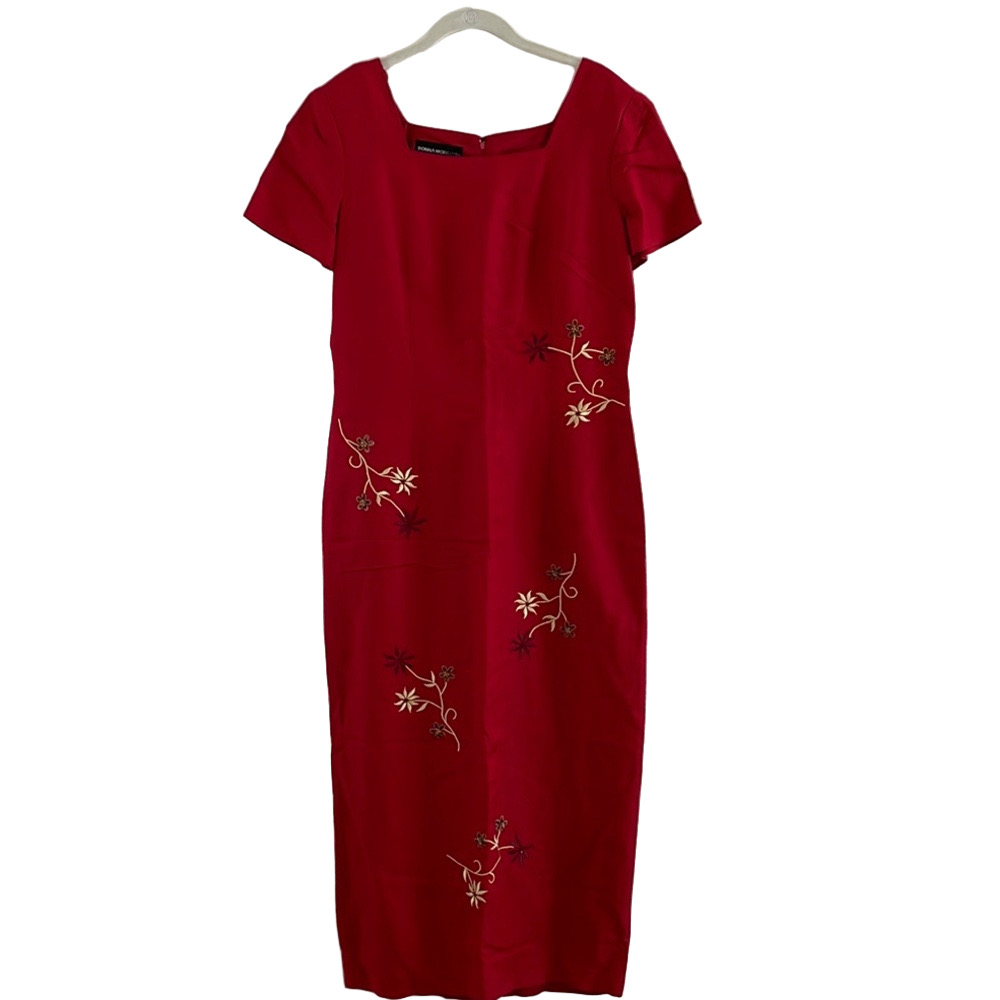 Donna Morgan Red Embellished Embroidered Linen Maxi Dress size 12